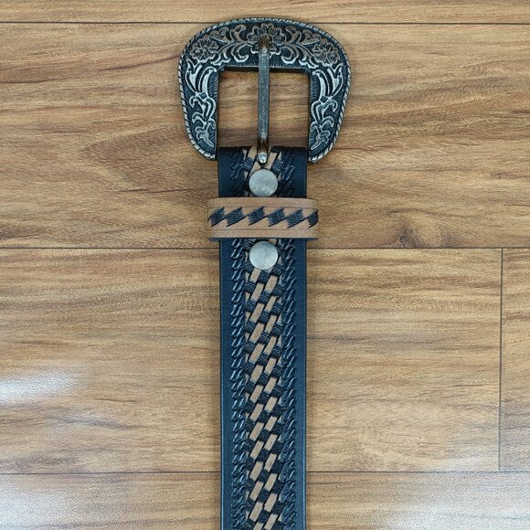 Western Leather Belt | Beautiful Hand-Tooled Basketweave Belt, Gift for Unisex - Picture 5 of 12